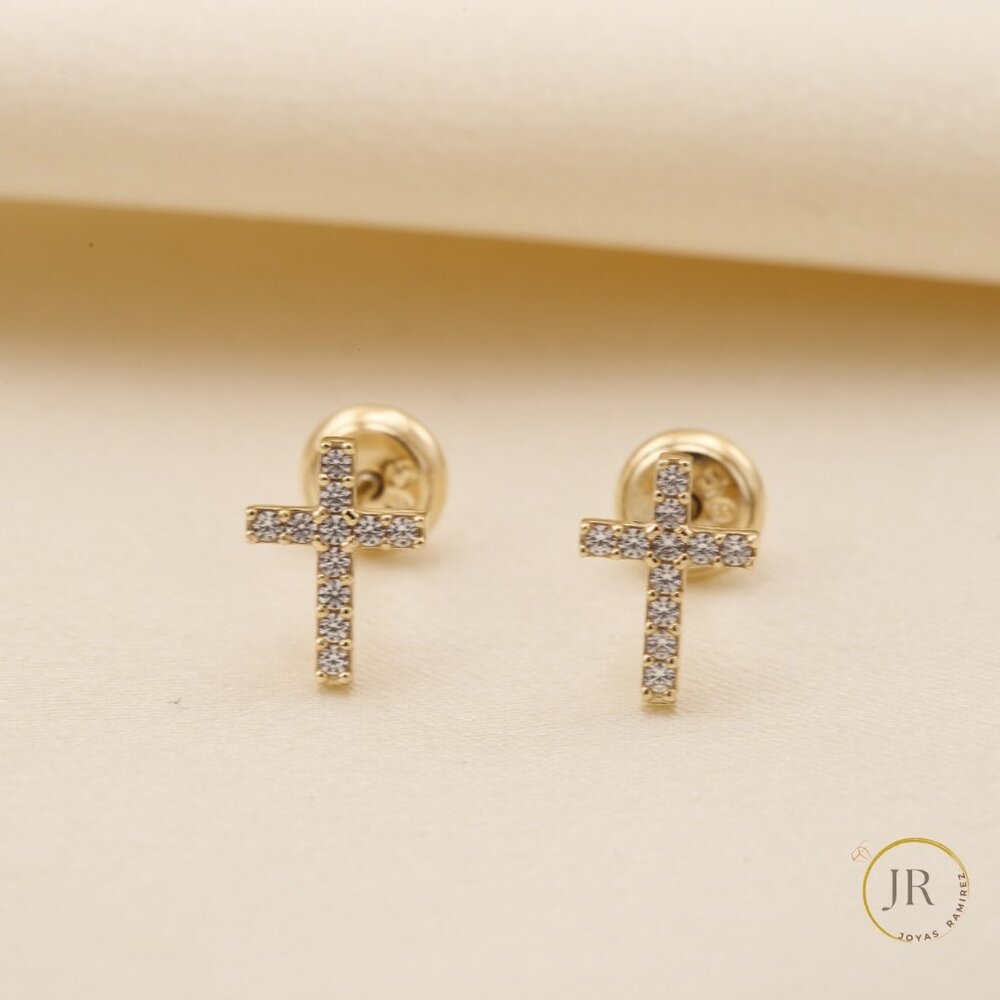 14K Solid Gold CZ Pave Cross Stud Earrings Religious Fine Jewelry